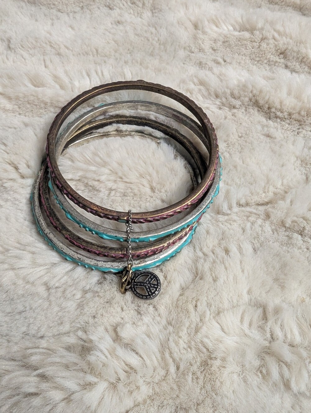 LUCKY BRAND Boho Multi-Textured Turquoise & Pink Stackable Bangle Bracelet Set